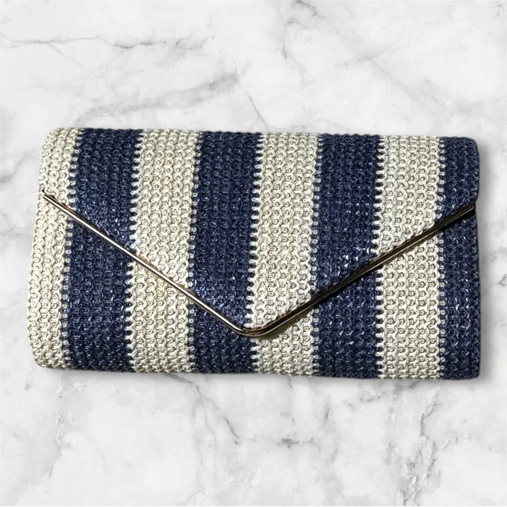 Striped straw Navy and Cream Clutch bag purse - Picture 1 of 7